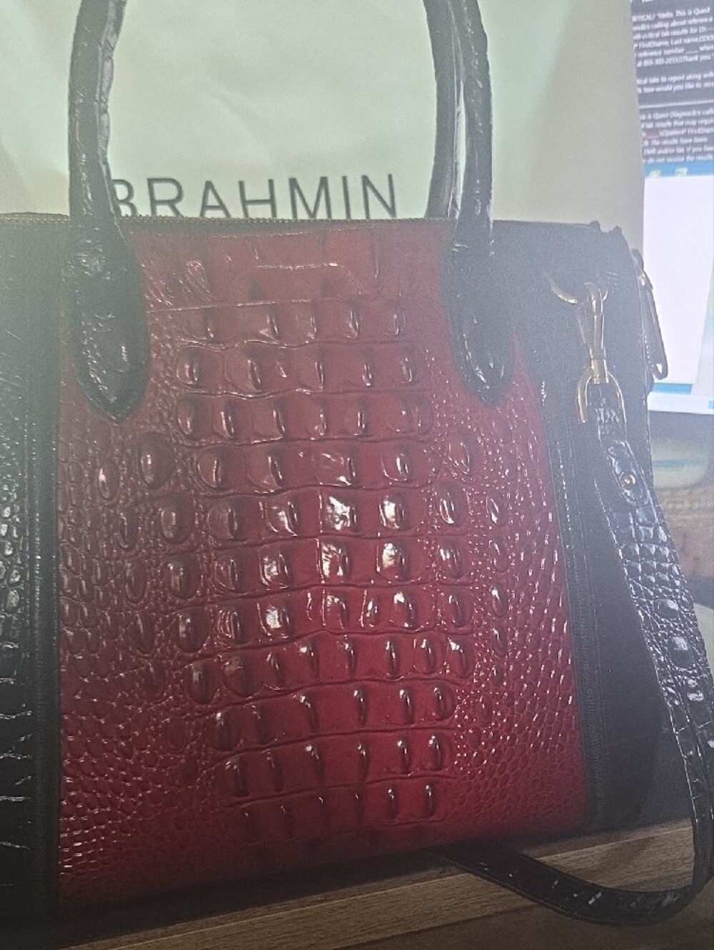 Brahmin Red and Black Croc-Embossed Satchel with Top Handles - Picture 3 of 8
